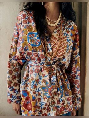 Sezane Eunice Beige Pastel Forest Print NWT - Size L - Missing Belt Viscose Silk